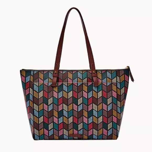 Fossil Women's Rachel Large Tote Bag Multicolor Chevron Zipper Top - Picture 1 of 14